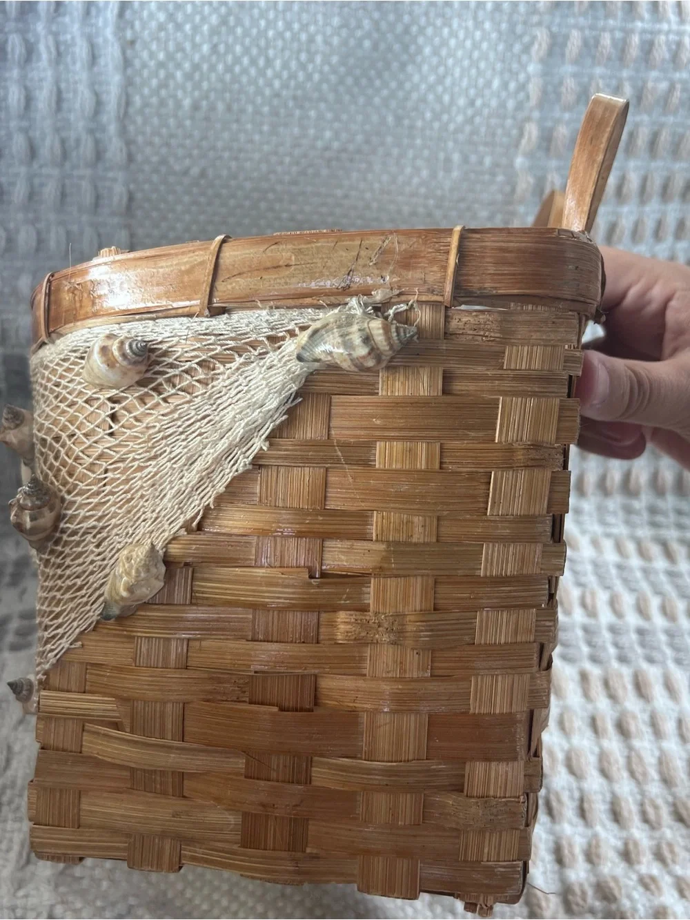 Handcrafted Seashell Accent Woven Straw Basket - Tan